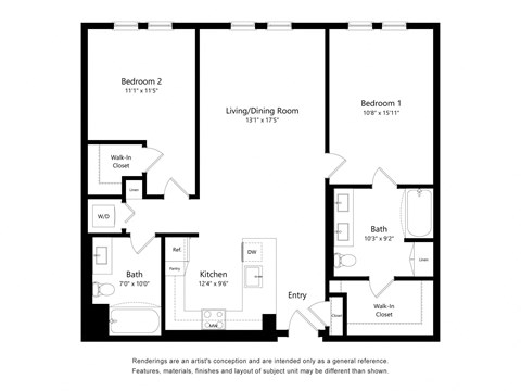 Two Bedroom Floor Plan at The Huntington Luxury Apartments in Duarte CA